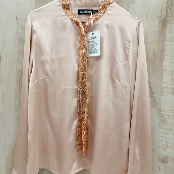 Saffaras Tops - Satin dusty pink shirt with sequenced neck design